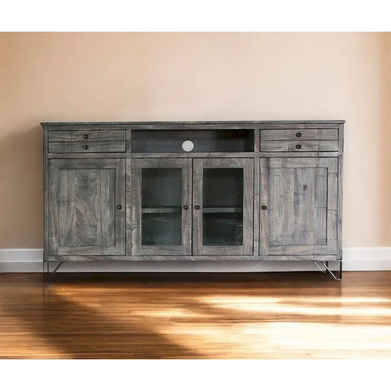 HomeRoots 70 Gray Solid Wood Cabinet Enclosed Storage Distressed TV Stand - 70' X '37.25' X '17.75