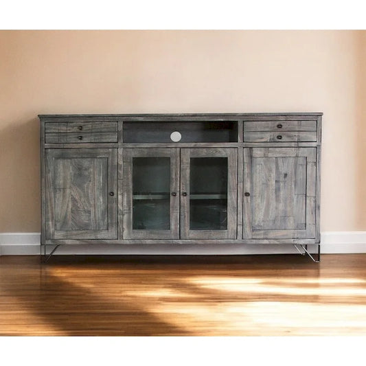 HomeRoots 70 Gray Solid Wood Cabinet Enclosed Storage Distressed TV Stand - 70' X '37.25' X '17.75