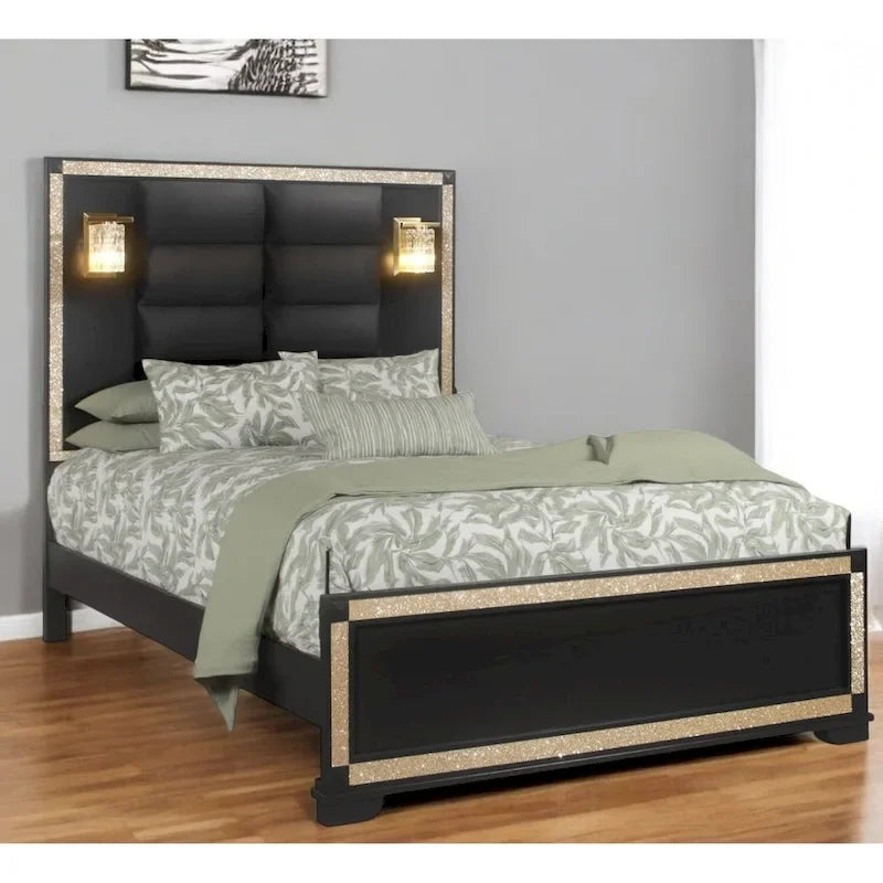 HomeRoots Black Faux Crystal Bling Wood And Upholstery Lighted Queen Bed Frame