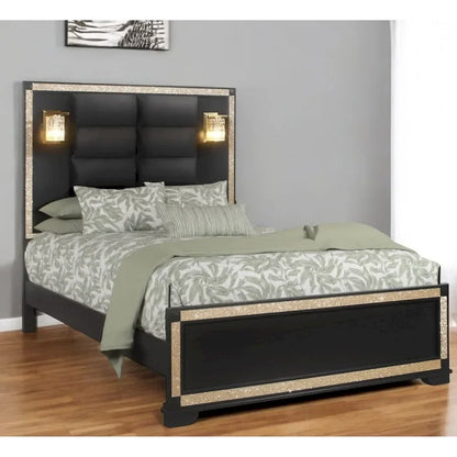 HomeRoots Black Faux Crystal Bling Wood And Upholstery Lighted Queen Bed Frame