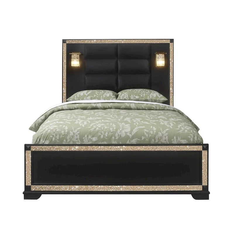 HomeRoots Black Faux Crystal Bling Wood And Upholstery Lighted Queen Bed Frame