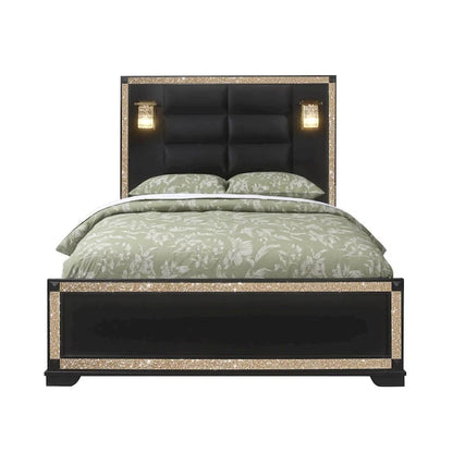 HomeRoots Black Faux Crystal Bling Wood And Upholstery Lighted Queen Bed Frame