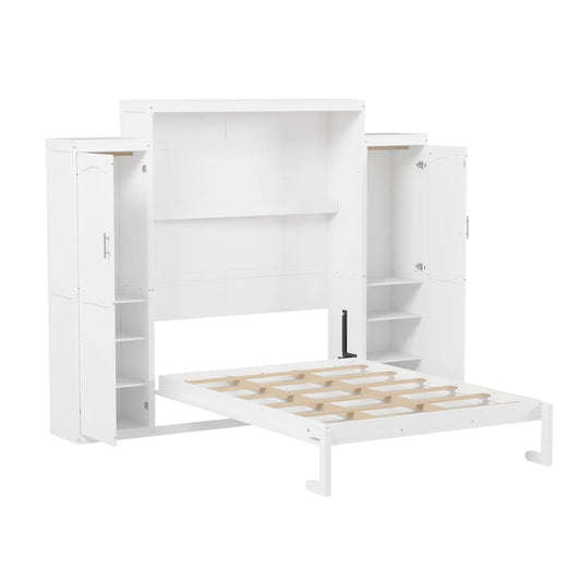 Queen Size Murphy Bed with Two Wardrobe and Storage Shelf