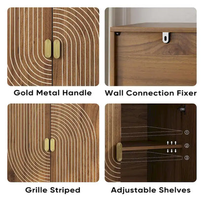 Walnut Sideboard Cabinet, Freestanding Buffet Cabinet with Line Groove Design Wood Storage Cabinet with Adjustable Shelf