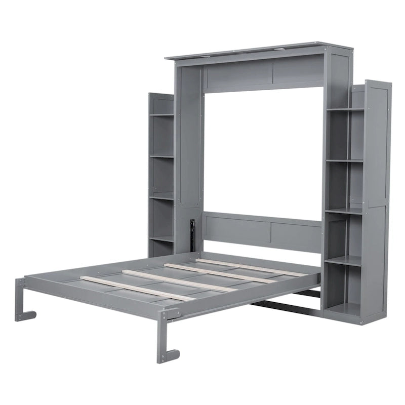 Nordic Creative Queen Size Murphy Bed with Shelves and LED Lights Wall Bed for Kids Teens Adults Space-Saving, Easy Assembly