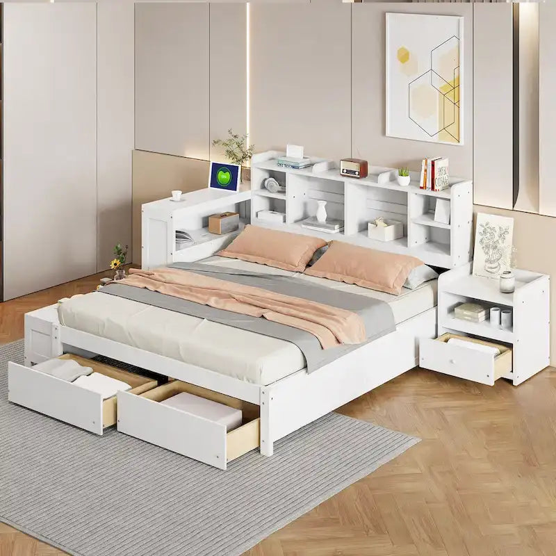 Full Size Wooden Platform Bed with Storage, Nightstand, Desk, USB Ports & 2 Drawers,White