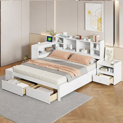 Full Size Wooden Platform Bed with Storage, Nightstand, Desk, USB Ports & 2 Drawers,White