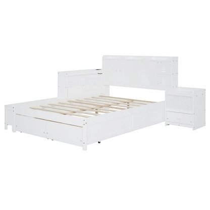 Full Size Wooden Platform Bed with Storage, Nightstand, Desk, USB Ports & 2 Drawers,White