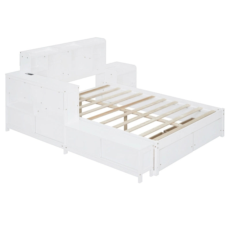 Full Size Wooden Platform Bed with Storage, Nightstand, Desk, USB Ports & 2 Drawers,White