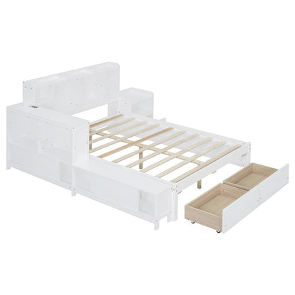 Full Size Wooden Platform Bed with Storage, Nightstand, Desk, USB Ports & 2 Drawers,White