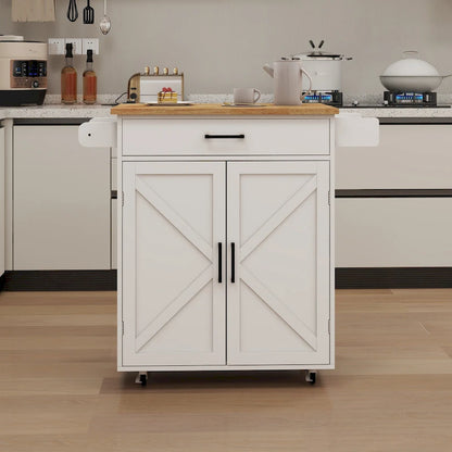 Kitchen Trolley Carts On Wheels Rolling Kitchen Island Cart W/Rubber-wood Countertop, With 1 Drawer 2 Doors, Towel Rack