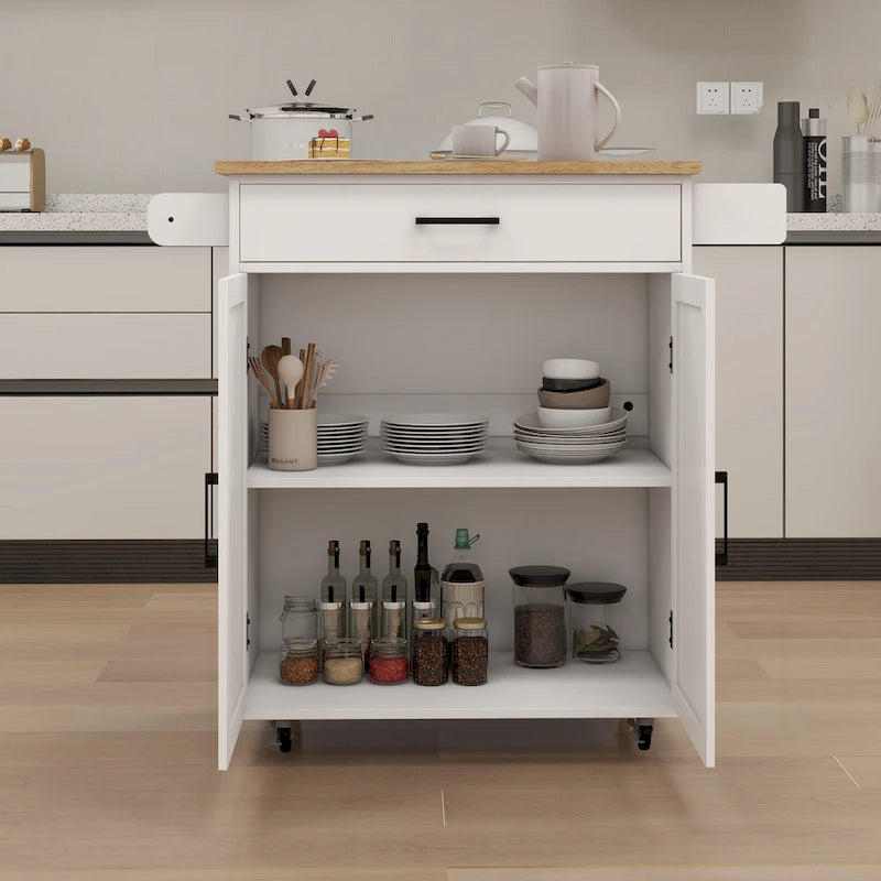 Kitchen Trolley Carts On Wheels Rolling Kitchen Island Cart W/Rubber-wood Countertop, With 1 Drawer 2 Doors, Towel Rack