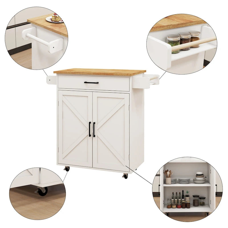 Kitchen Trolley Carts On Wheels Rolling Kitchen Island Cart W/Rubber-wood Countertop, With 1 Drawer 2 Doors, Towel Rack