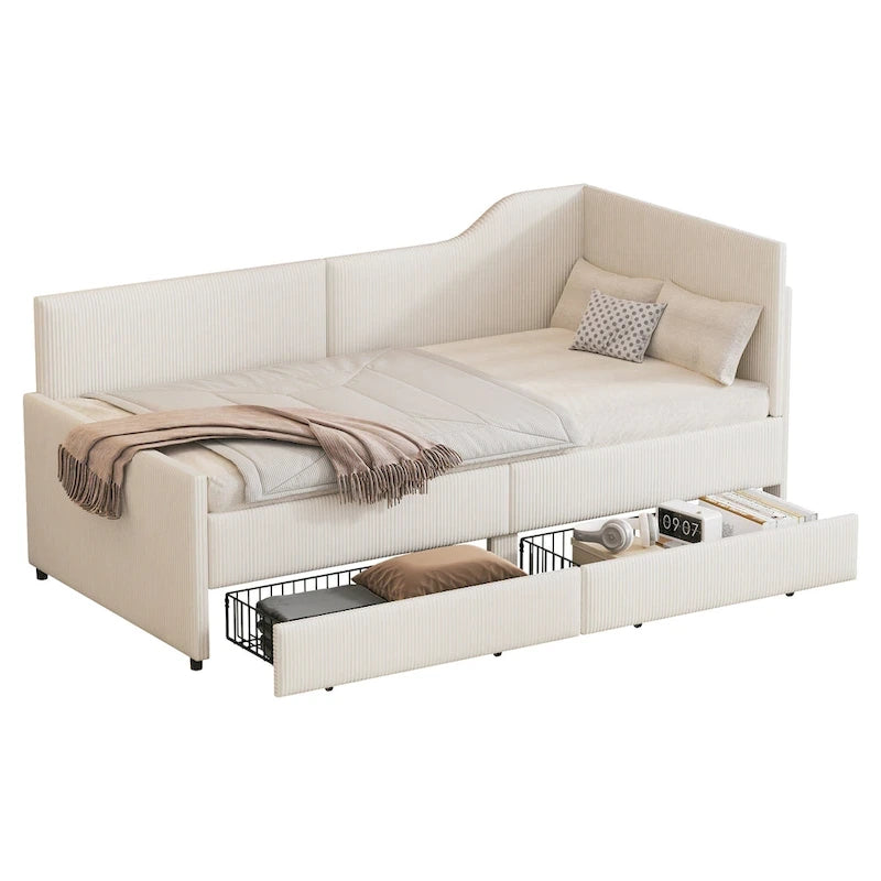 Twin Size L-Shaped Corduroy Daybed,Upholstered Bed Frame with 2 Storage Drawers, Beige