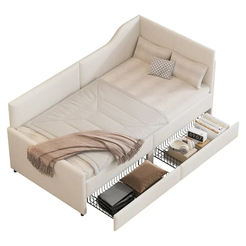 Twin Size L-Shaped Corduroy Daybed,Upholstered Bed Frame with 2 Storage Drawers, Beige