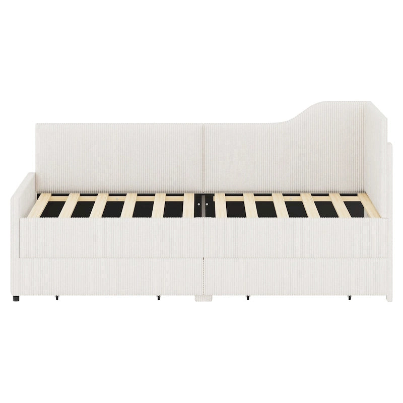 Twin Size L-Shaped Corduroy Daybed,Upholstered Bed Frame with 2 Storage Drawers, Beige