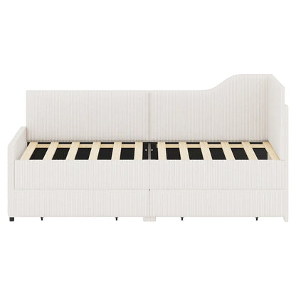 Twin Size L-Shaped Corduroy Daybed,Upholstered Bed Frame with 2 Storage Drawers, Beige