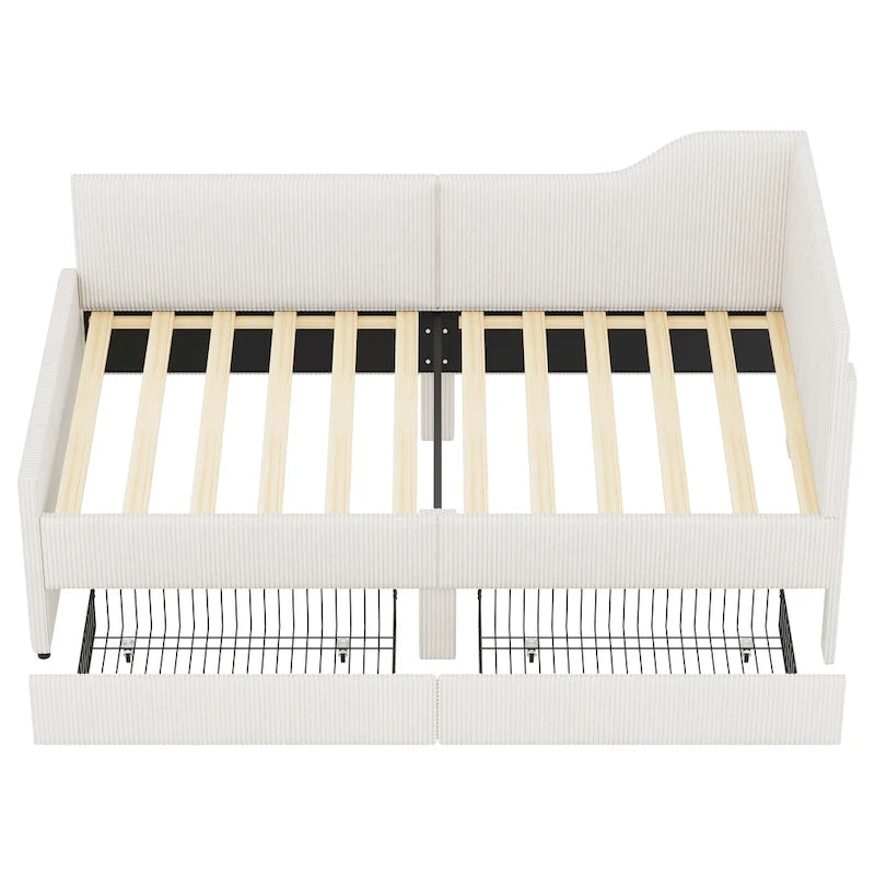Twin Size L-Shaped Corduroy Daybed,Upholstered Bed Frame with 2 Storage Drawers, Beige
