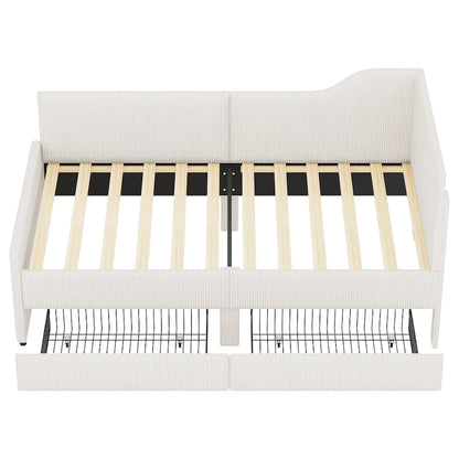 Twin Size L-Shaped Corduroy Daybed,Upholstered Bed Frame with 2 Storage Drawers, Beige