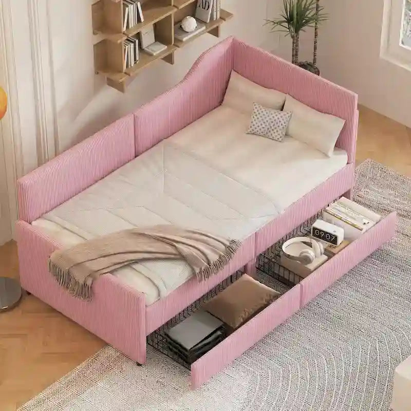 Twin Size L-Shaped Corduroy Daybed,Upholstered Bed Frame with 2 Storage Drawers, Beige