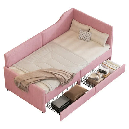 Twin Size L-Shaped Corduroy Daybed,Upholstered Bed Frame with 2 Storage Drawers, Beige