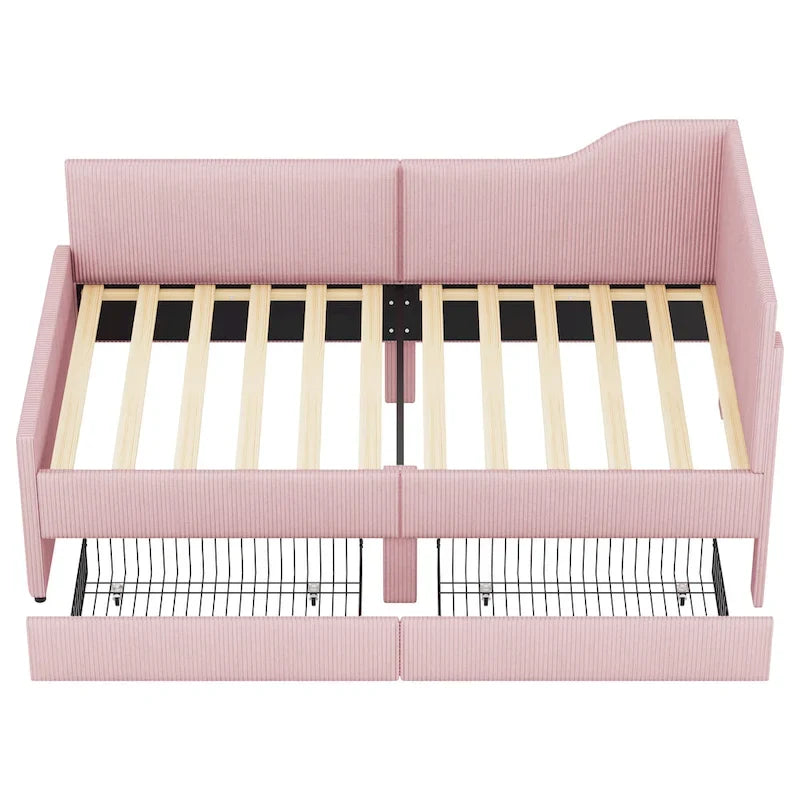 Twin Size L-Shaped Corduroy Daybed,Upholstered Bed Frame with 2 Storage Drawers, Beige