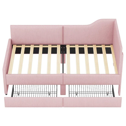 Twin Size L-Shaped Corduroy Daybed,Upholstered Bed Frame with 2 Storage Drawers, Beige