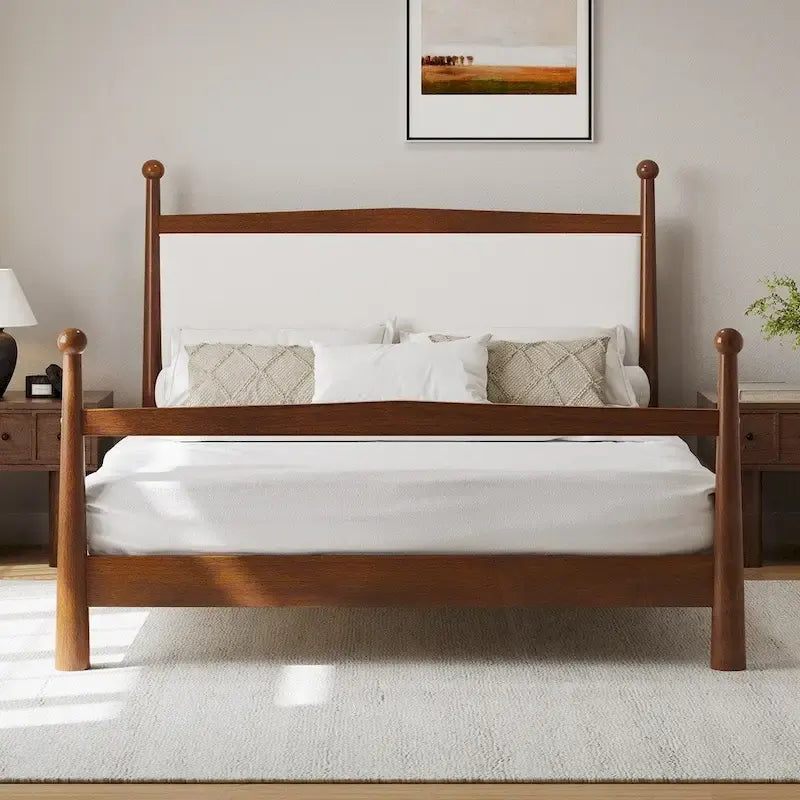 Mid-Century Modern Boucle Upholstered Headboard Wood Platform Bed