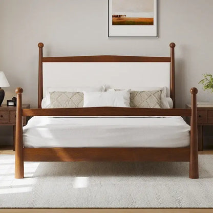 Mid-Century Modern Boucle Upholstered Headboard Wood Platform Bed