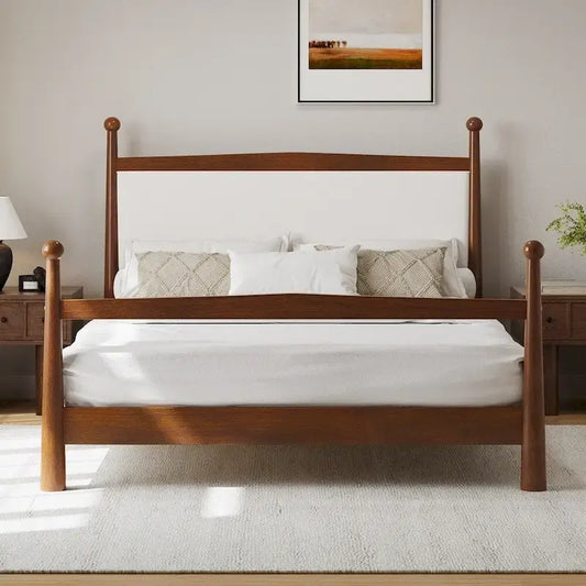 Mid-Century Modern Boucle Upholstered Headboard Wood Platform Bed