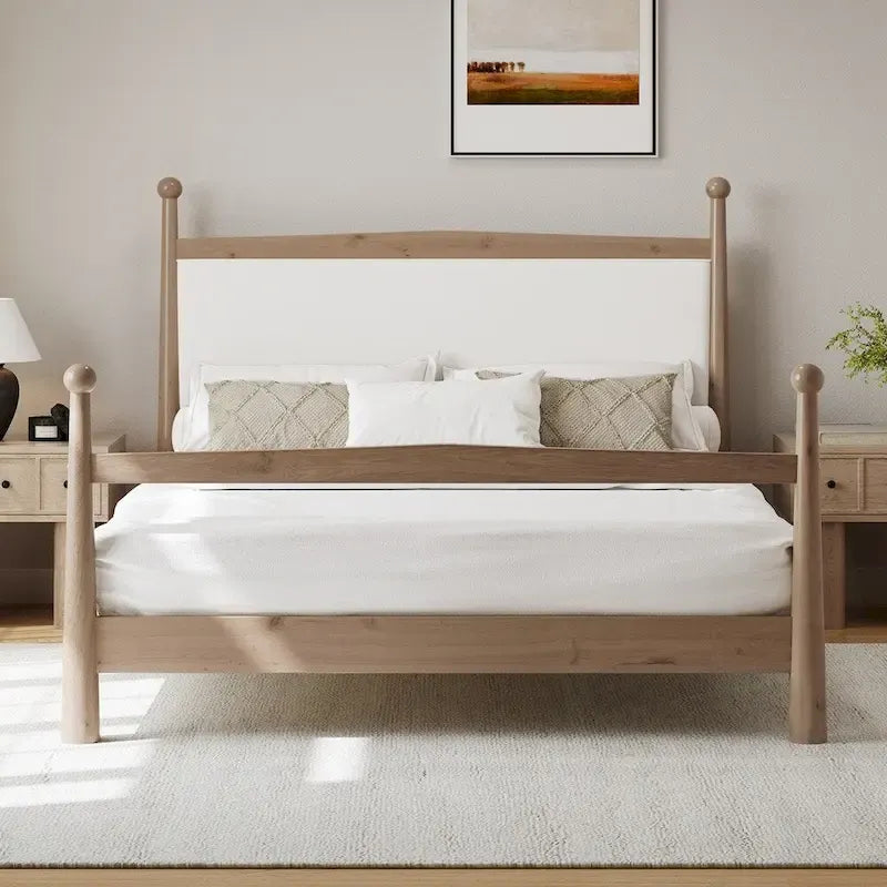 Mid-Century Modern Boucle Upholstered Headboard Wood Platform Bed