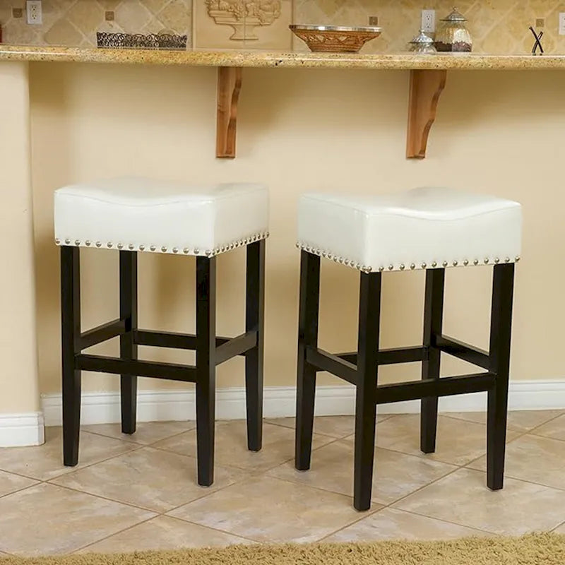 Roomfitters 30 Backless Leather Counter Stools, Set of 2 Upholstered Bar Height Chairs with Wood Frame, Ivory