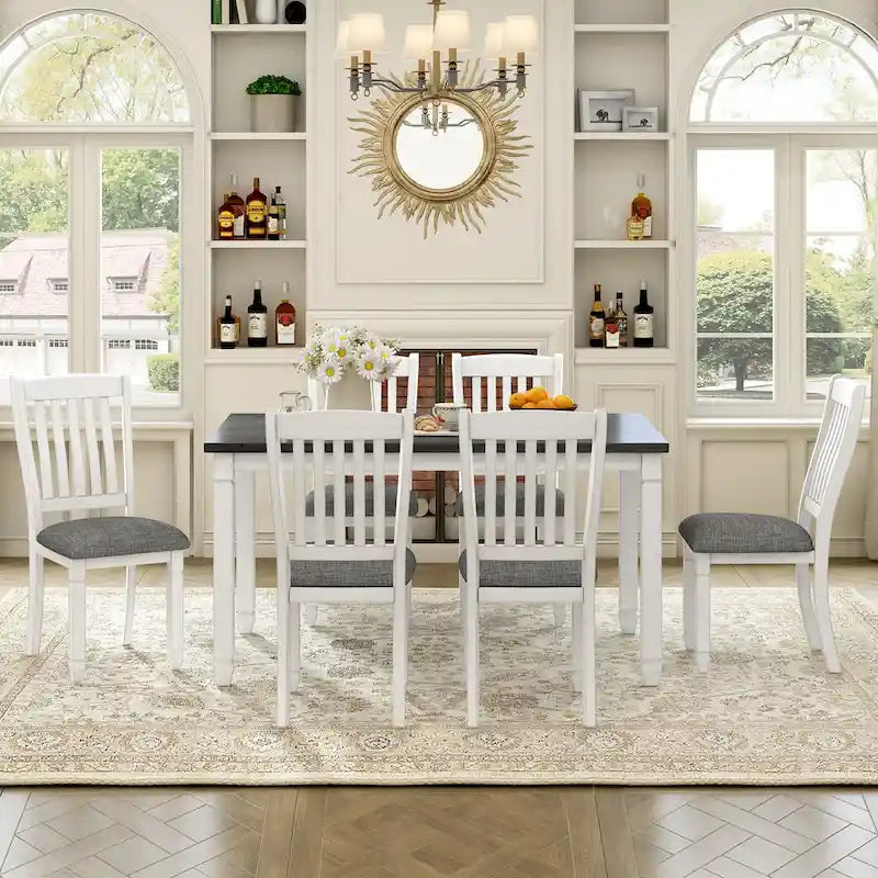 7-Piece Rustic Farmhouse Dining Table and Chair Sets Simple Dining Table and Chair Sets with Shaped Legs for Open-Concept Spaces