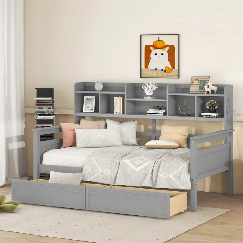 Twin Daybed with Storage Drawers & Shelves, Solid Wood Frame