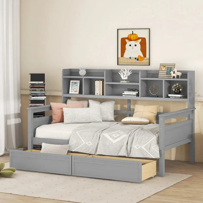 Twin Daybed with Storage Drawers & Shelves, Solid Wood Frame