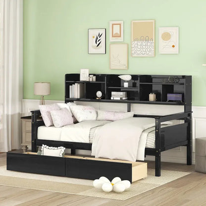 Twin Daybed with Storage Drawers & Shelves, Solid Wood Frame