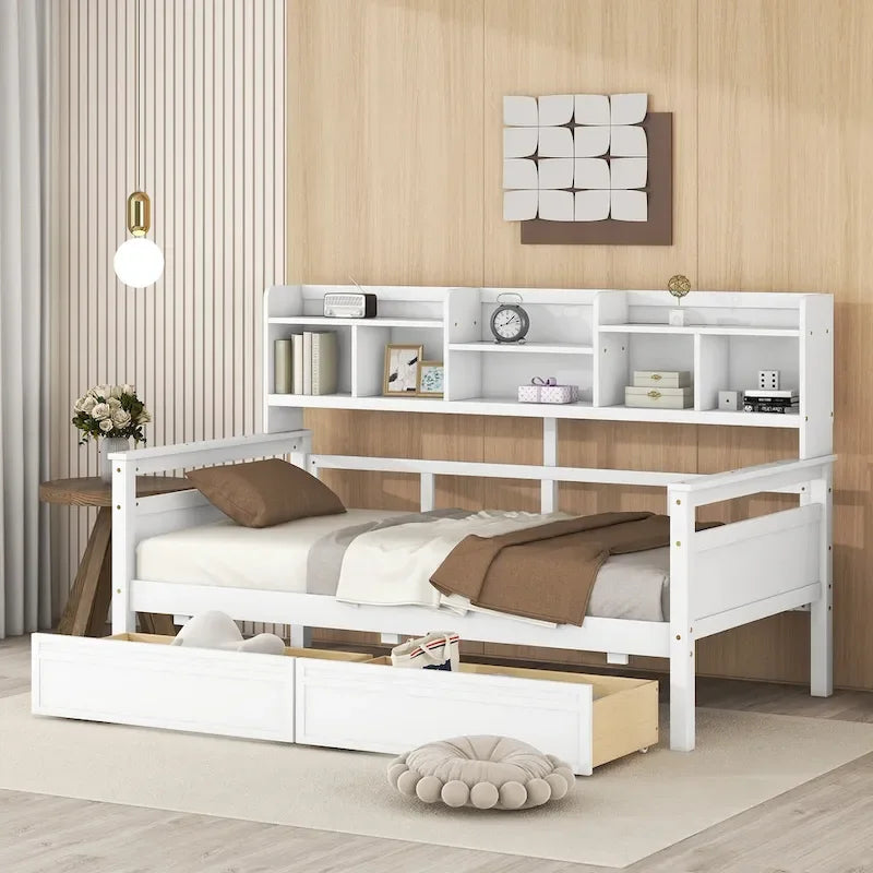 Twin Daybed with Storage Drawers & Shelves, Solid Wood Frame