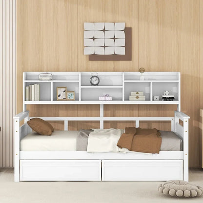 Twin Daybed with Storage Drawers & Shelves, Solid Wood Frame
