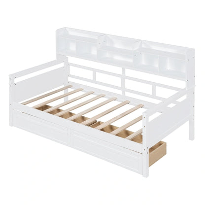 Twin Daybed with Storage Drawers & Shelves, Solid Wood Frame