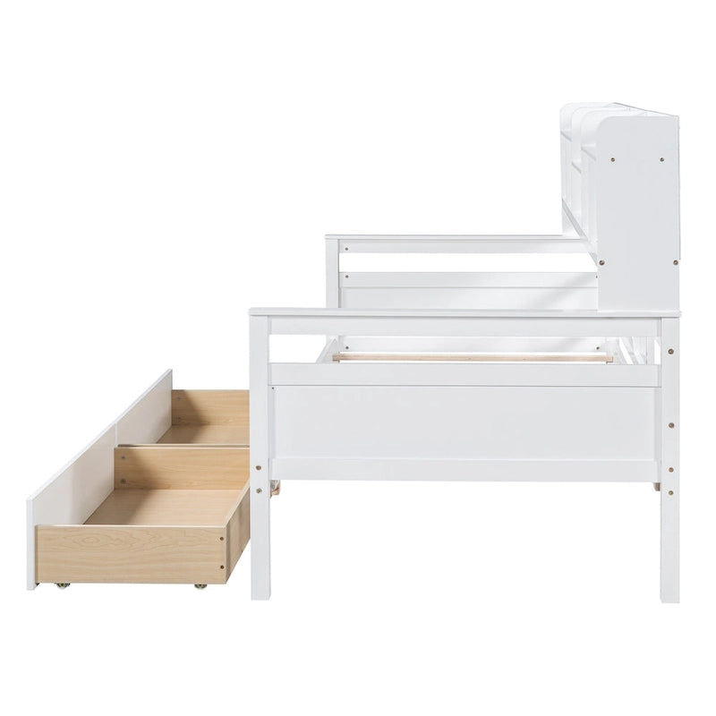 Twin Daybed with Storage Drawers & Shelves, Solid Wood Frame