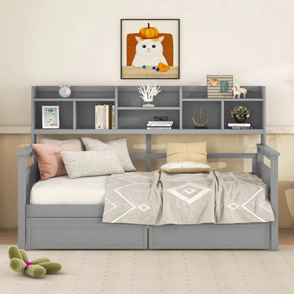Twin Daybed with Storage Drawers & Shelves, Solid Wood Frame