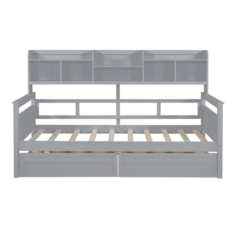 Twin Daybed with Storage Drawers & Shelves, Solid Wood Frame