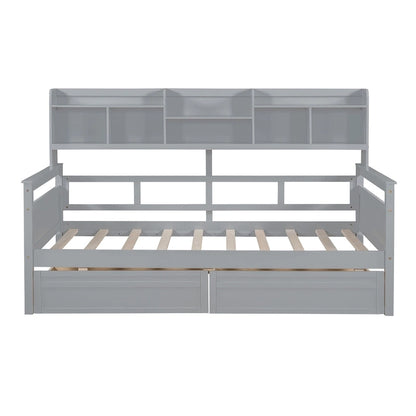 Twin Daybed with Storage Drawers & Shelves, Solid Wood Frame