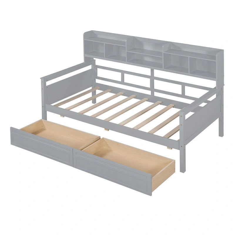 Twin Daybed with Storage Drawers & Shelves, Solid Wood Frame
