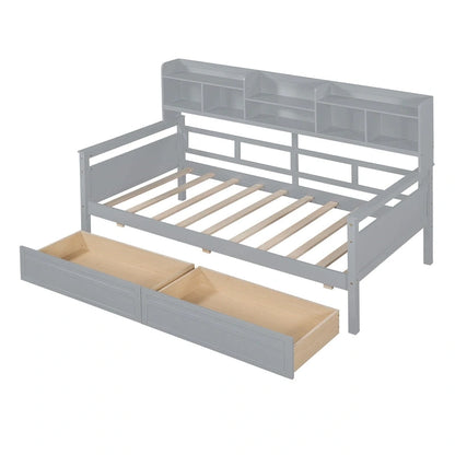 Twin Daybed with Storage Drawers & Shelves, Solid Wood Frame