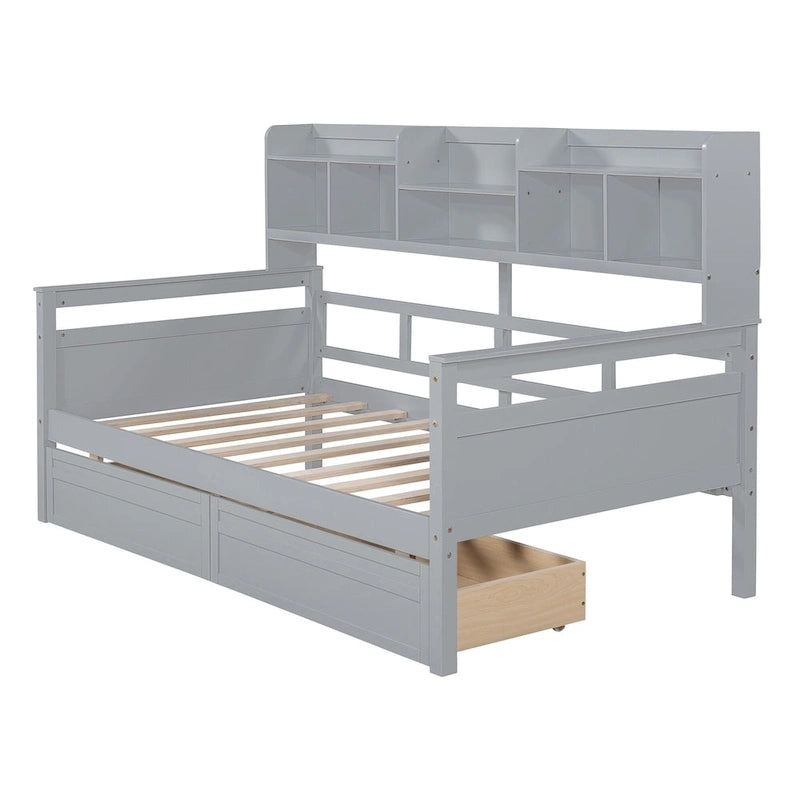 Twin Daybed with Storage Drawers & Shelves, Solid Wood Frame