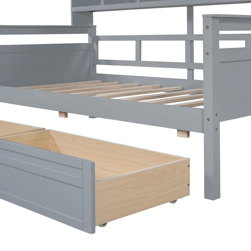 Twin Daybed with Storage Drawers & Shelves, Solid Wood Frame