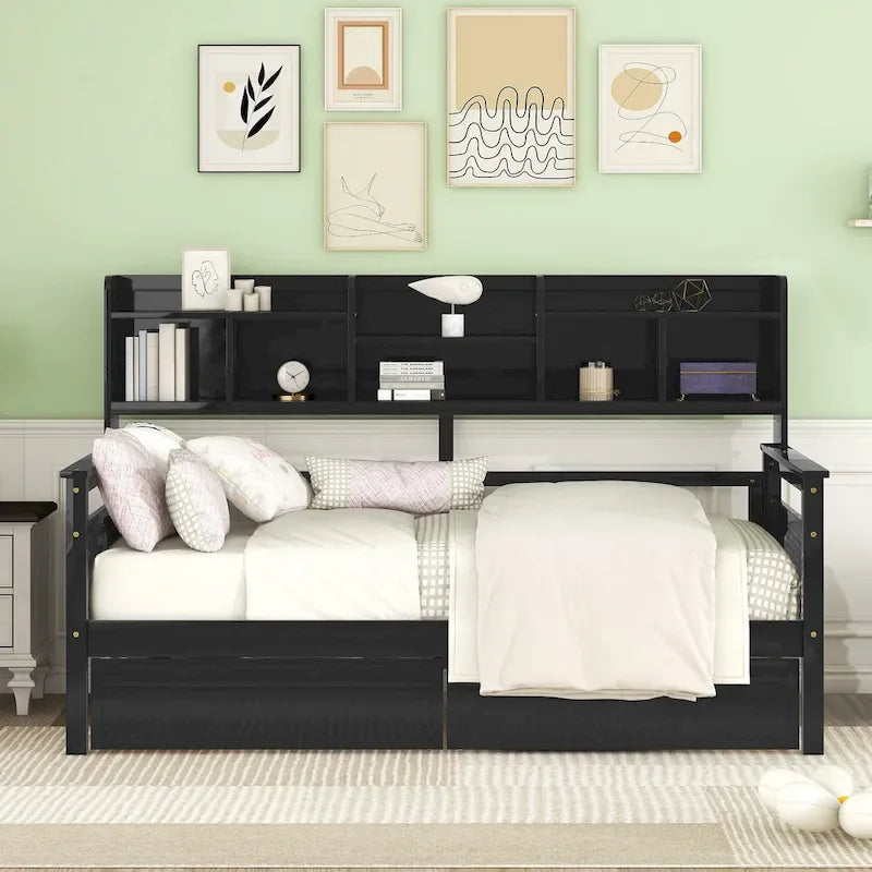 Twin Daybed with Storage Drawers & Shelves, Solid Wood Frame