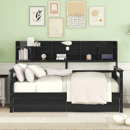 Twin Daybed with Storage Drawers & Shelves, Solid Wood Frame