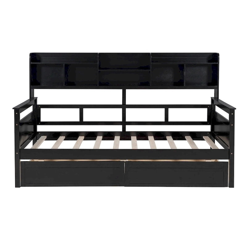 Twin Daybed with Storage Drawers & Shelves, Solid Wood Frame